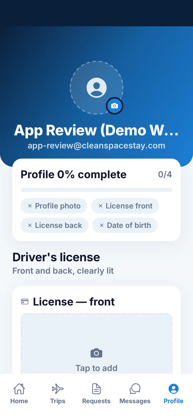 Travel profile screen